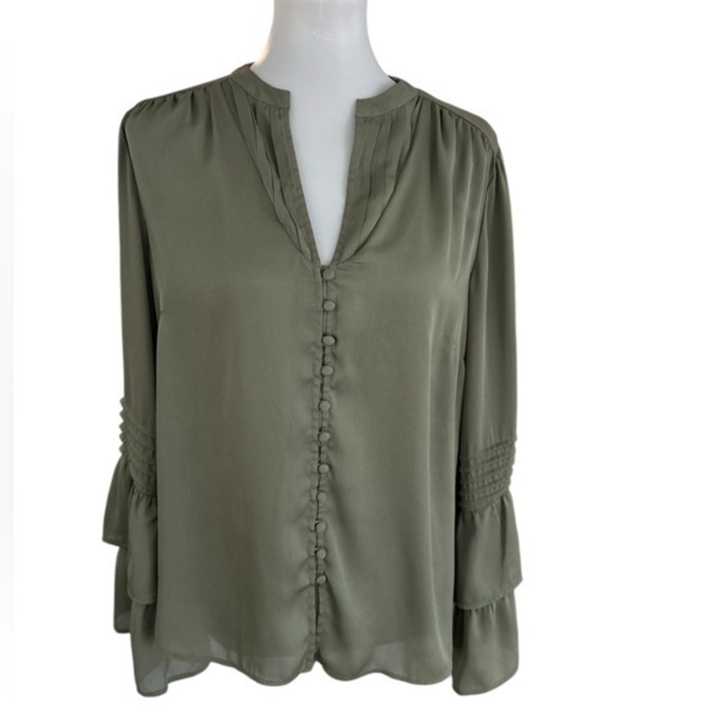 Soft Surroundings button front ruffle long sleeve top blouse